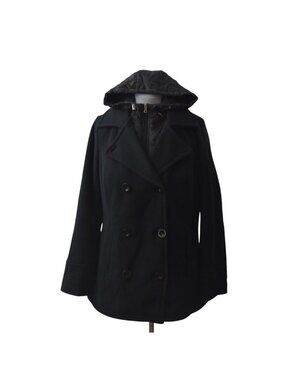 Ashley Stewart Black Hooded Peacoat Jacket Womens 12 Double Breasted Wool Blend